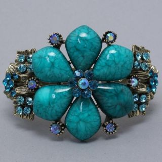 CHUNKY TURQUOISE FLOWER ANTIQUE GOLD STATEMENT COSTUME JEWELRY Cuff