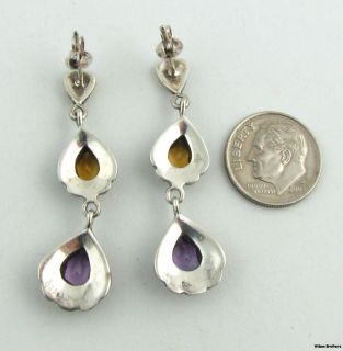 Amethyst & Citrine Dangle Earrings   Sterling Silver Pierced Marcasite
