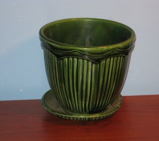Mount Clemens Pottery McCoy Flower Pot Green Ribbed Pottery Ceramic