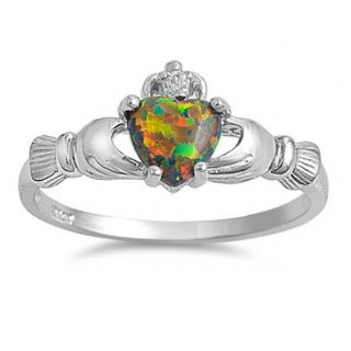 Sterling Silver Claddagh Ring Black Opal Size 4 5 6 7 8 9 CZ Fire