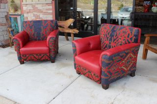 Set of 2 Club Sofa Chair Red Cherry Italian Leather Kilim Sold as Is