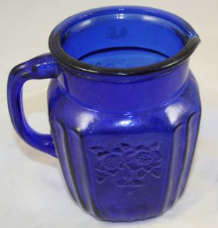 Cobalt Blue Depression Glass Style Water Pitcher Floral Pattern