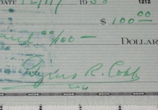 Ty Cobb Autograph 1958 Bank Check JSA LOA HOF Auto