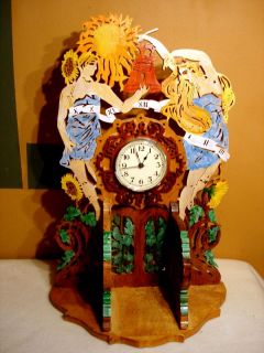 Laser Cut Wood Hand Stained Mantel Clock w/ Shelf