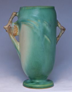  Pinecone 748 6 Handled Vase Circa 1935 Vibrant Green