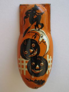 Vintage T Cohn Halloween Witch Jack O Lantern Clicker Noisemaker Tin