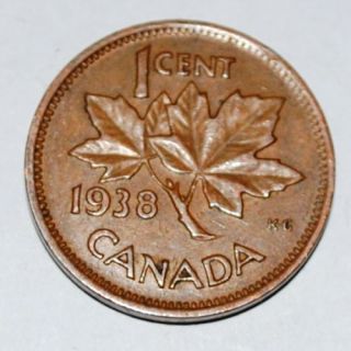 Canada 1938 1 Cent Copper Coin One Canadian Penny Nice