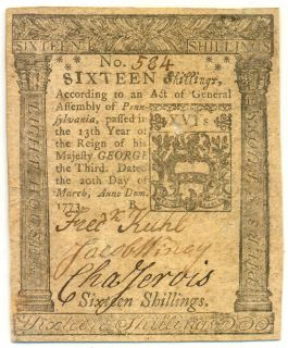 Colonial Currency, PA, 3/20/1773, 16s, PASS CO Graded EF 40