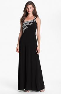 Hailey by Adrianna Papell One Shoulder Embellished Trim Jersey Gown