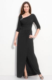 Adrianna Papell Jersey Gown with Jeweled Brooch