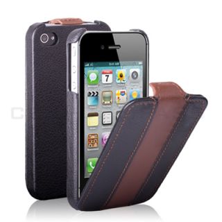 Coffee Stripe Flip Leather Case Cover Pouch For iPhone 4S 4 Black