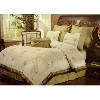  Palm Tree Embroidered Faux Silky Tropical Comforter Set Queen