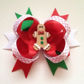 Christmas Hair Bow with Gingerbread Man Clay Center