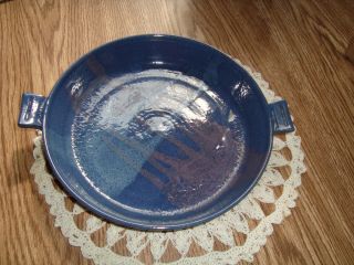 Clay Pottery Blue Pie Dish Marked 95 and Signed 9 Wide Handle to