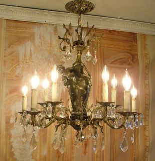 Beautiful Antique Ten Light Bronze Chandelier w Crystals Cherub