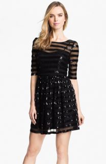 Max & Cleo Sequin Stripe Overlay Fit & Flare Mesh Dress