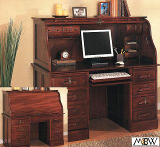 Cherry Roll Top Computer Writing Desk Table w Cabinets