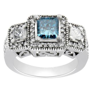  14k White Gold Princess Cut Fancy Blue Natural Diamond Engagement Ring