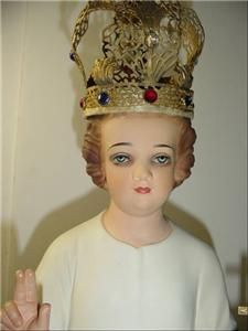 Convent Vintage Chalkware Glass Eyes Dressed Infant of Prague 26 Tall