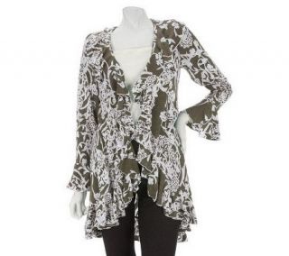 Attitudes by Renee Ruffle Front Floral Scroll Print Cardigan