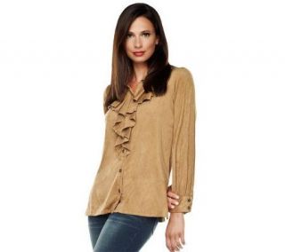 George Simonton Faux Suede Button Front Shirt with Ruffle Detail 
