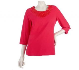 Susan Graver Stretch Cotton 3/4 Sleeve Top with Embellishment