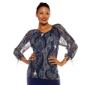 Susan Graver Printed Chiffon 3/4 Sleeve V neck Blouse with Tie Detail 