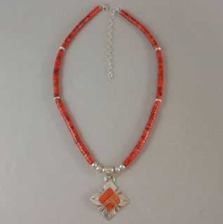 16 19 1 2 CORAL NECKLACE WITH STERLING SILVER CORAL INLAY PENDANT