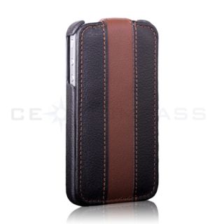 Coffee Stripe Flip Leather Case Cover Pouch for iPhone 4S 4 Black