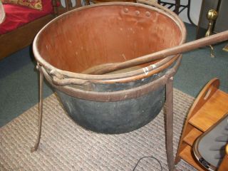 HUGE ANTIQUE 50 GAL COPPER APPLE BUTTER KETTLE STAND AND 2 STIRING