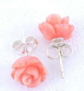 Chinese Pink Coral Rose Flower Silver Stud Earrings