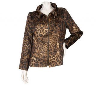 Susan Graver Satin Poly Animal Printed Zip Front Jacket —