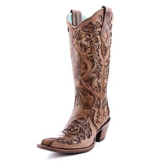 Corral Ladies Sand Tan Tooled Laser Leather Cowgirl Cowboy Boots C1027