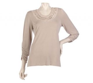 Kelly by Clinton Kelly Embellished Neckline Top w/ Ruched Sleeves 