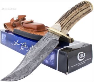Colt 45 Genuine Damascus Bowie Knife Stag Hunting Skinning Upswept