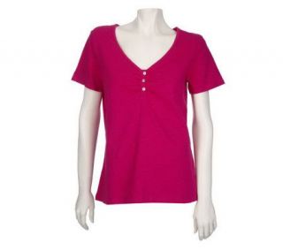 Denim & Co. Short Sleeve V neck Henley T shirt —