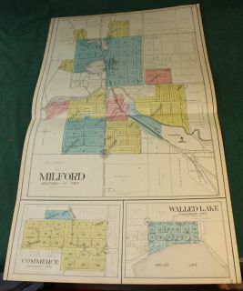 Antique Color Map Milford Commerce Walled Lake 1908 Oakland County