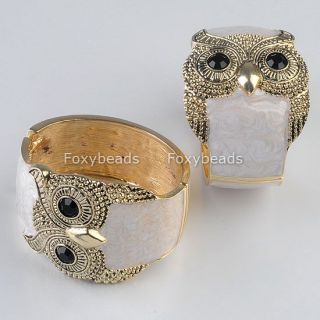  Luxury Enamel White Owl Antique Gold Tone Bangle Cuff Bracelet