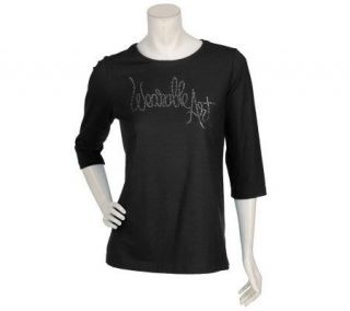 Bob Mackies Rhinestone Wearable Art Logo 3/4 Sleeve Knit Top