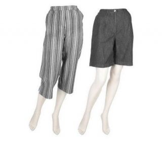 Denim & Co. Classic Waist Striped Capri Pants & Solid Shorts