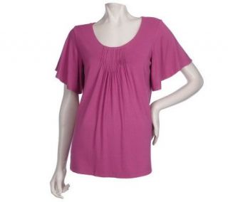 Susan Graver Stretch Knit Flutter Sleeve Top with Pleating Detail 