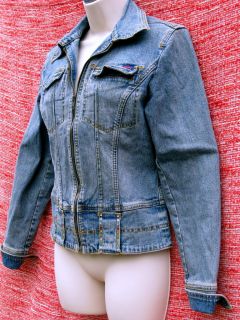 Yuka Jeans Stretch Denim Jacket Colored Rhinestones Zip Front & Cuffs
