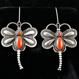 HERMAN SMITH Coral Dragonfly Earrings Sterling Silver Navajo Old Pawn