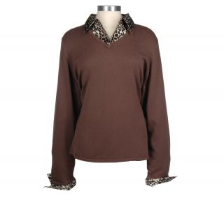 Susan Graver Leopard Collar & Cuffs V neck Sweater —