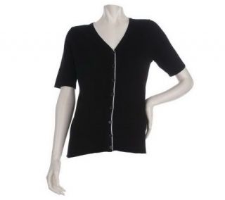 Motto Short Sleeve Cardigan Sweater with Trim Detail   A214564