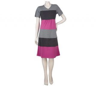 Denim & Co. Short Sleeve V Neck Multi Stripe Knit Dress —