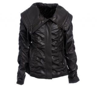 Excelled Ladies Faux Leather Ruched Jacket withDrama Collar — 