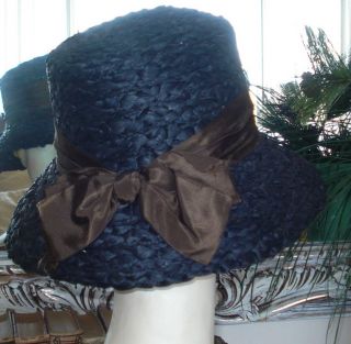 Vintage Italy Straw Hat Black w Chocolate Brown Silky Ribbon Trim