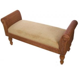 Hand Woven Rattan Bench with Chenille Cushion and Solid Wood Legs 