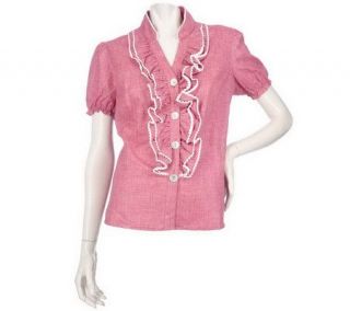 As Is Motto Short Sleeve Button Front Ruffled Blouse —